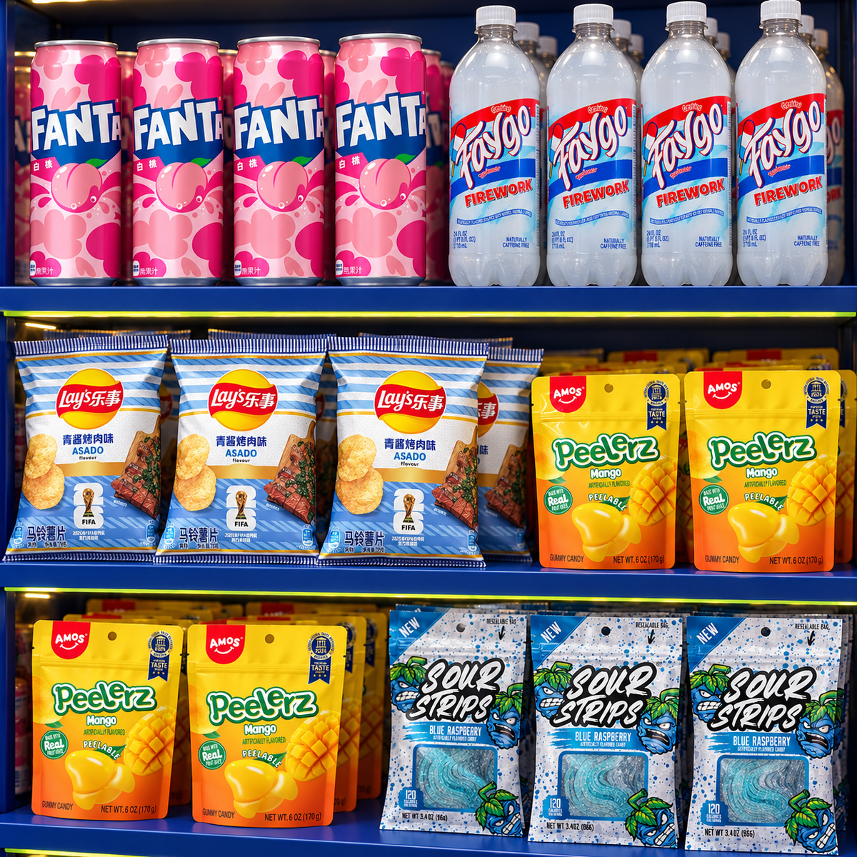 Blue retail shelves featuring Fanta White Peach, Faygo Firework, FIFA Lay’s Asado, Peelerz Mango and Sour Strips Blue Raspberry