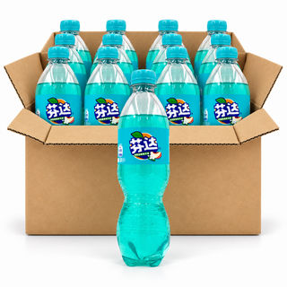 Fanta Jasmine Peach 500ml China soda bottles in an open case on a white background