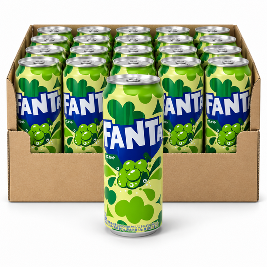Fanta Muscat Japanese 500ml tall cans in an open case on white
