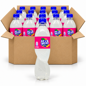 Fanta White Peach 500ml China soda bottles in an open case on a white background
