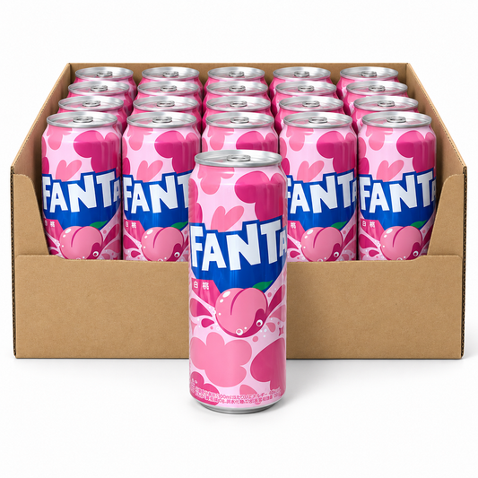 Fanta White Peach Japanese 500ml tall cans in an open case on white