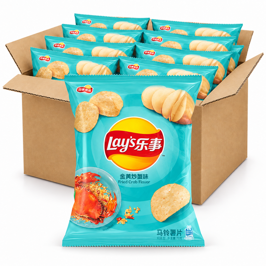 Lay's Fried Crab 70g chips in an open case on a white background