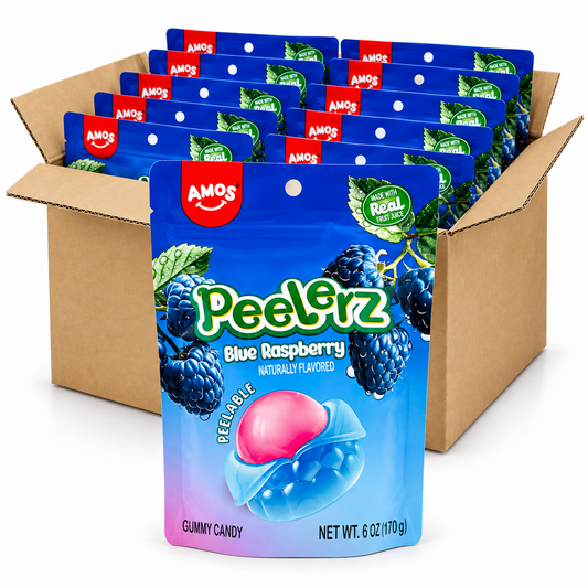 Amos Peelerz Blue Raspberry 6oz gummy candy bags in an open case on a white background