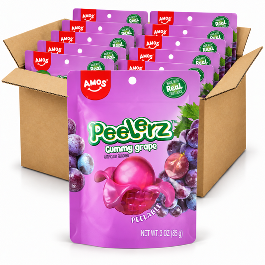 Amos Peelerz Grape 3oz gummy candy bags in an open case on a white background