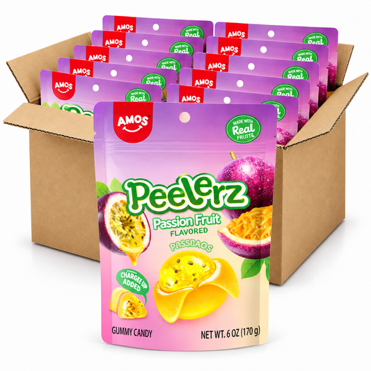 Amos Peelerz Passion Fruit 6oz gummy candy bags in an open case on a white background