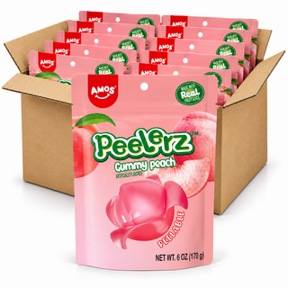 Amos Peelerz Peach 6oz gummy candy bags in an open case on a white background