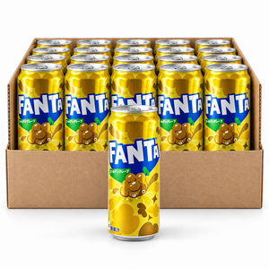 Fanta Golden Grape Japanese 500ml tall cans in an open case on white