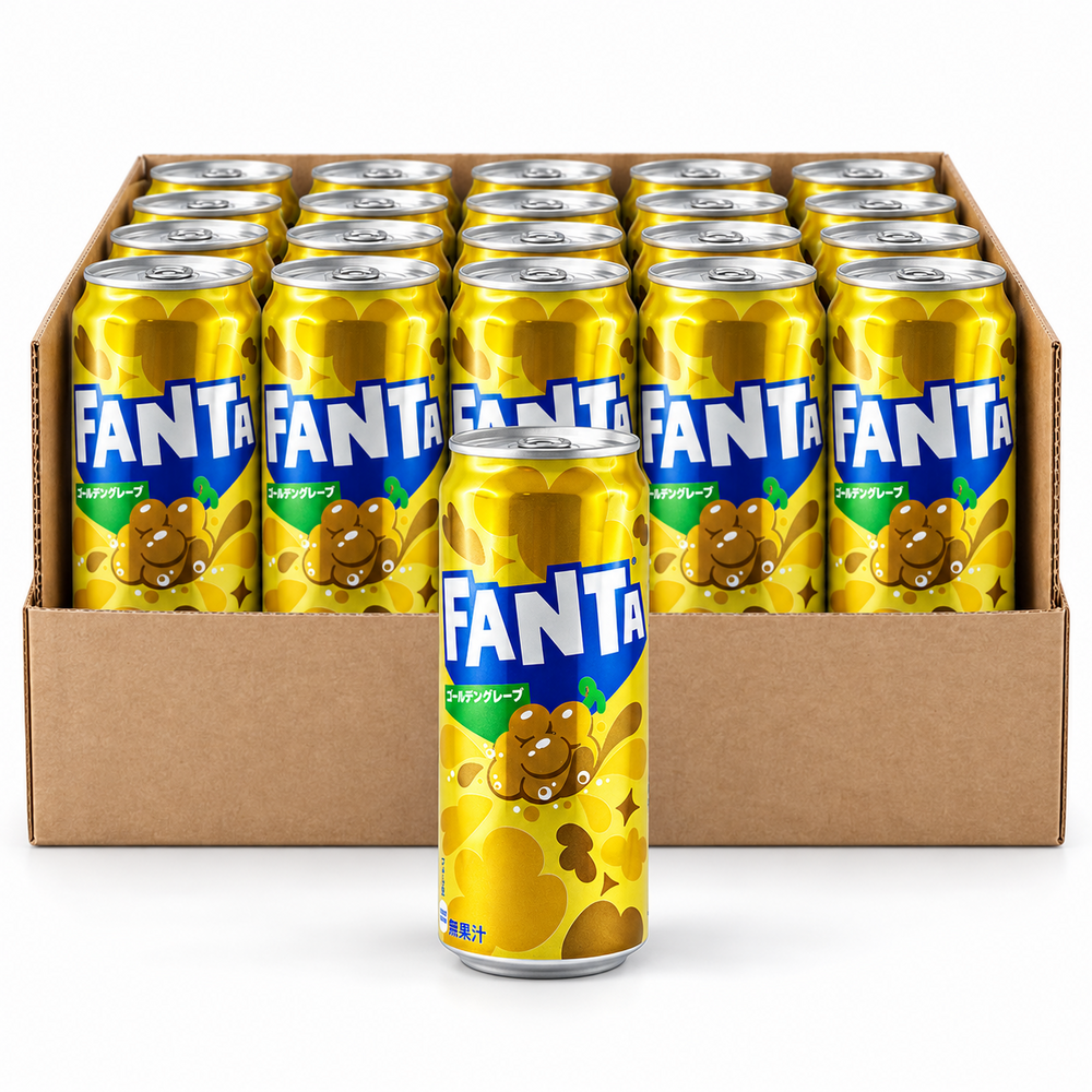 Fanta Golden Grape Japanese 500ml tall cans in an open case on white