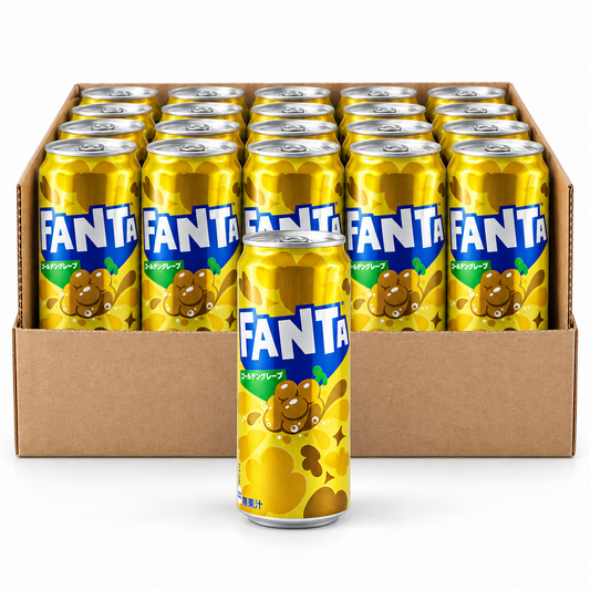 Fanta Golden Grape Japanese 500ml tall cans in an open case on white