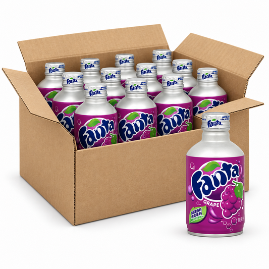 Fanta grape Japanese 300ml aluminum bottle-cans in an open case on white