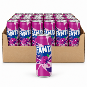 Fanta Grape Japanese 500ml tall cans in an open case on white