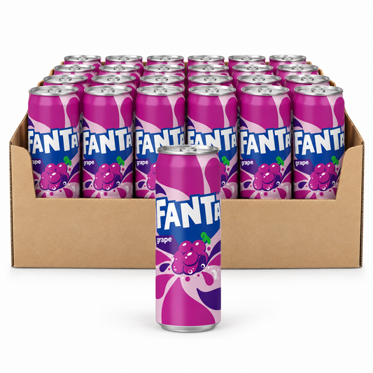 Fanta Grape Japanese 500ml tall cans in an open case on white