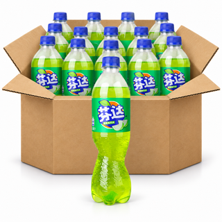 Fanta Green Apple 500ml China soda bottles in an open case on a white background