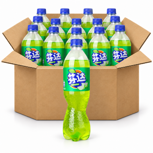 Fanta Green Apple 500ml China soda bottles in an open case on a white background
