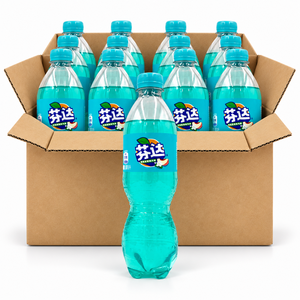 Fanta Jasmine Peach 500ml China soda bottles in an open case on a white background