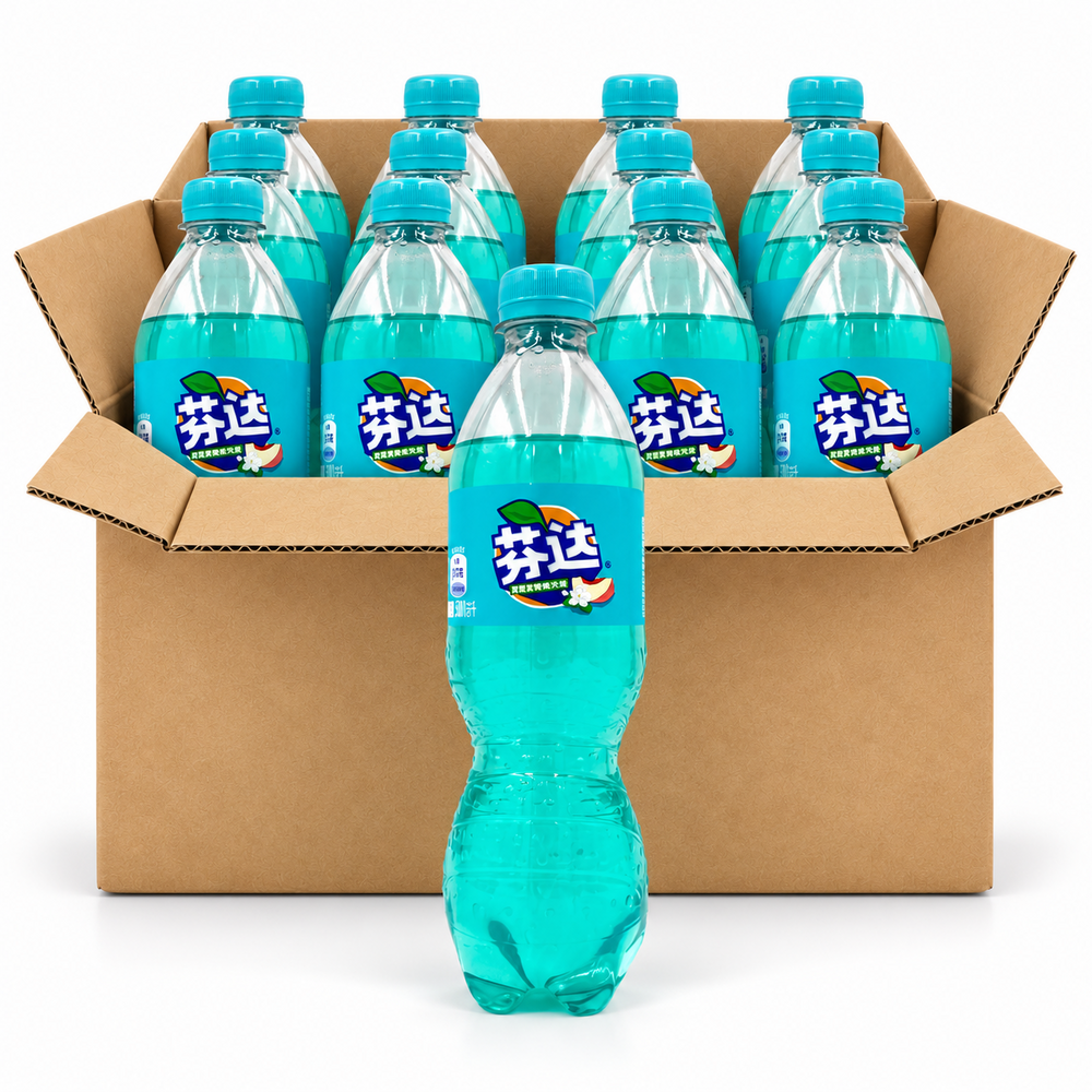 Fanta Jasmine Peach 500ml China soda bottles in an open case on a white background