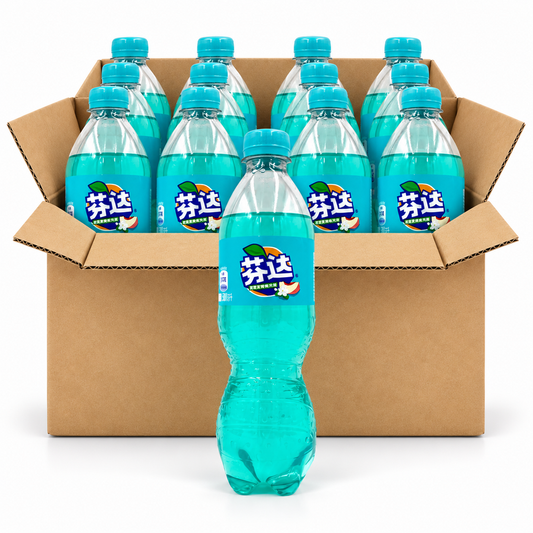 Fanta Jasmine Peach 500ml China soda bottles in an open case on a white background