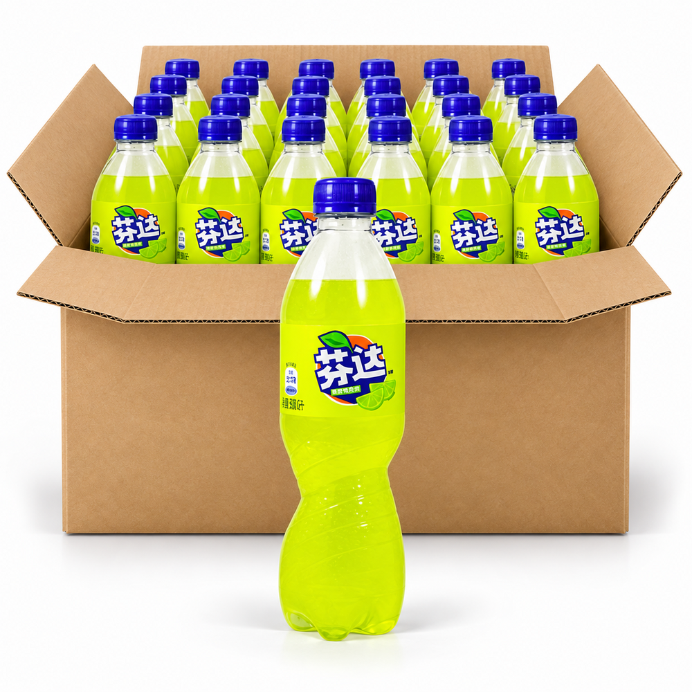 Fanta Lime 500ml China soda bottles in an open case on a white background