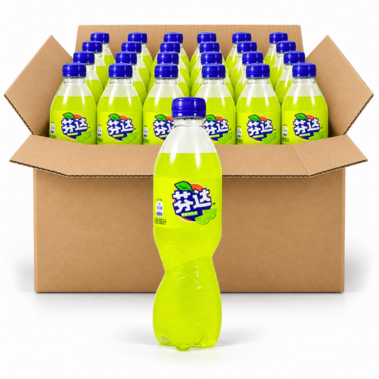 Fanta Lime 500ml China soda bottles in an open case on a white background