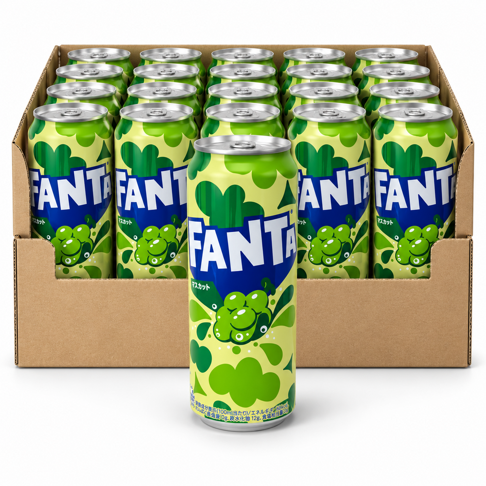 Fanta Muscat Japanese 500ml tall cans in an open case on white