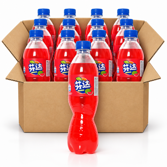Fanta Watermelon 500ml China soda bottles in an open case on a white background