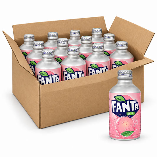 Fanta white peach Japanese 300ml aluminum bottle-cans in an open case on white