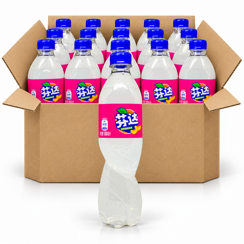 Fanta White Peach 500ml China soda bottles in an open case on a white background