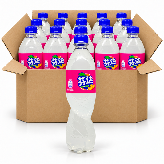 Fanta White Peach 500ml China soda bottles in an open case on a white background