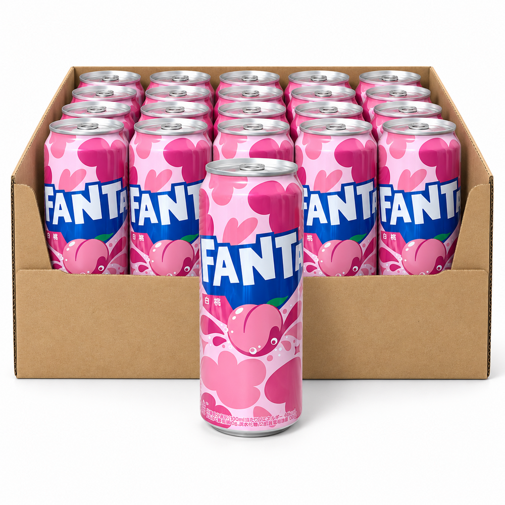 Fanta White Peach Japanese 500ml tall cans in an open case on white