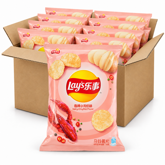 Lay's Spicy Crayfish 70g chips in an open case on a white background