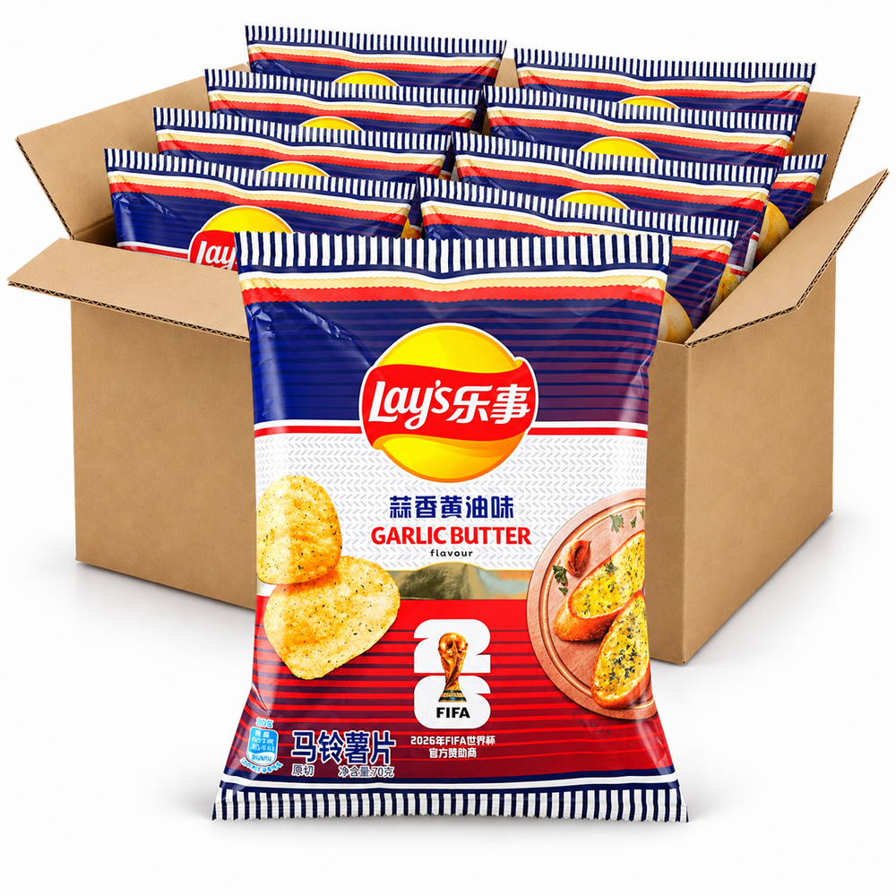 Lay's FIFA french garlic butter 70g chips in an open case on white