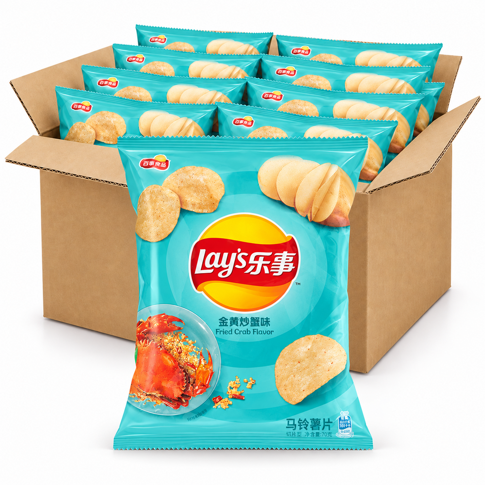 Lay's Fried Crab 70g chips in an open case on a white background