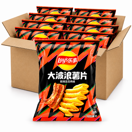Lay's Grilled Pork 70g chips in an open case on a white background