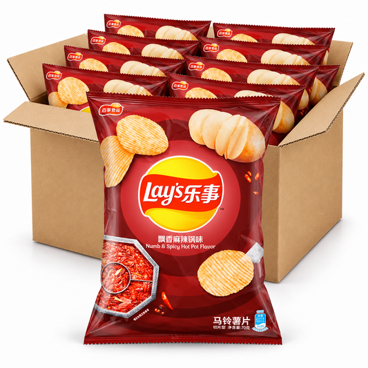 Lay's Numb and Spicy Hot Pot 70g chips in an open case on a white background
