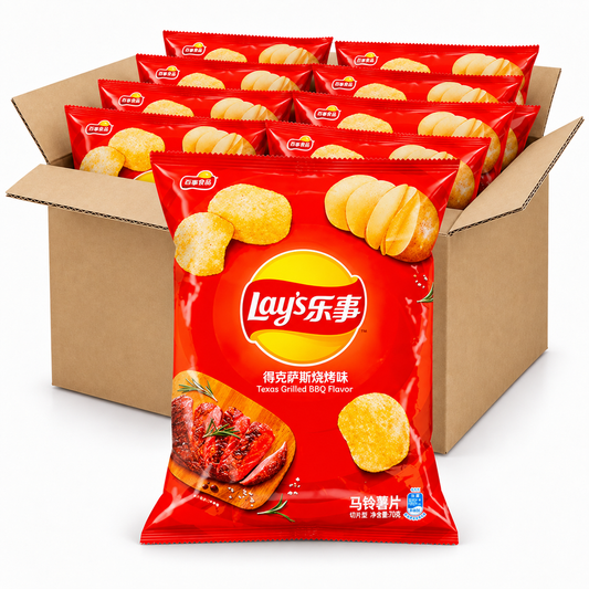 Lay's Texas Grilled BBQ 70g chips in an open case on a white background