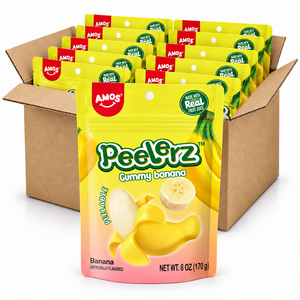Amos Peelerz Banana 6oz gummy candy bags in an open case on a white background