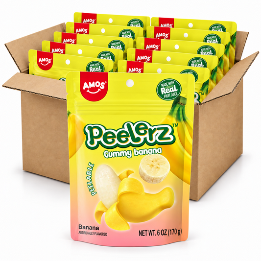 Amos Peelerz Banana 6oz gummy candy bags in an open case on a white background