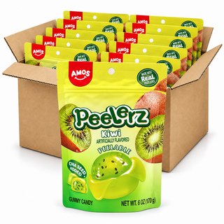 Amos Peelerz Kiwi 6oz gummy candy bags in an open case on a white background