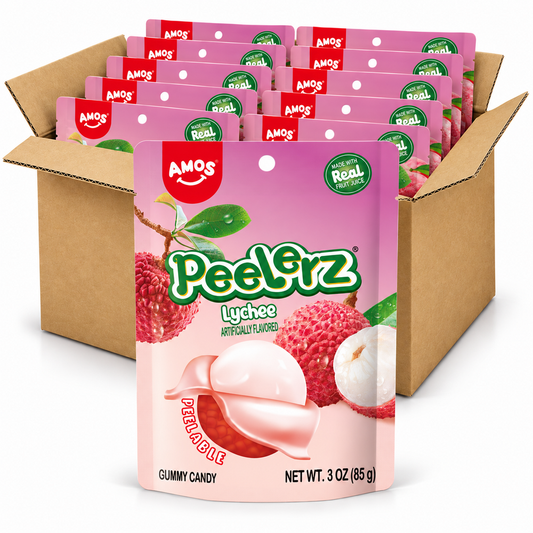 Amos Peelerz Lychee 3oz gummy candy bags in an open case on a white background