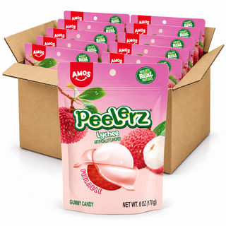 Amos Peelerz Lychee 6oz gummy candy bags in an open case on a white background