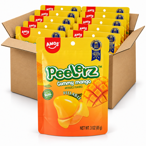 Amos Peelerz Mango 3oz gummy candy bags in an open case on a white background