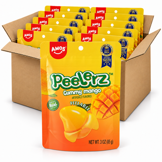 Amos Peelerz Mango 3oz gummy candy bags in an open case on a white background