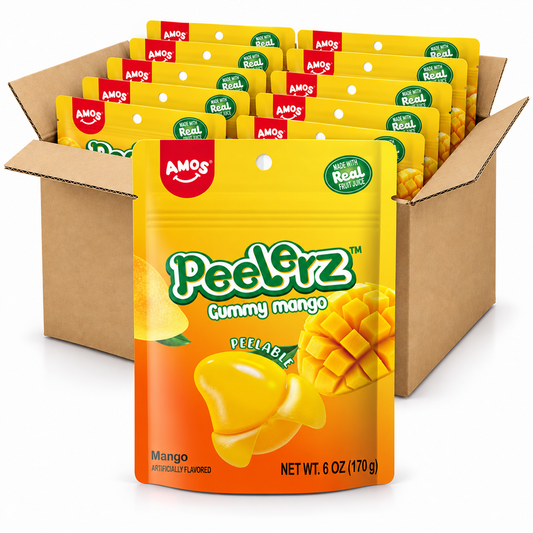 Amos Peelerz Mango 6oz gummy candy bags in an open case on a white background