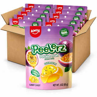 Amos Peelerz Passion Fruit 3oz gummy candy bags in an open case on a white background