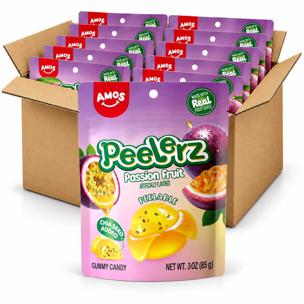 Amos Peelerz Passion Fruit 3oz gummy candy bags in an open case on a white background
