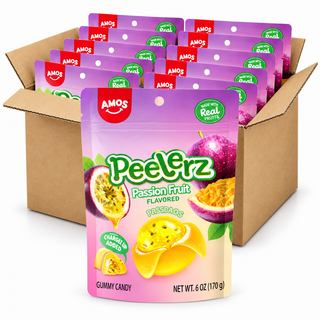 Amos Peelerz Passion Fruit 6oz gummy candy bags in an open case on a white background