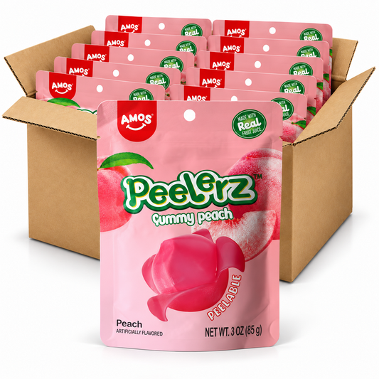 Amos Peelerz Peach 3oz gummy candy bags in an open case on a white background