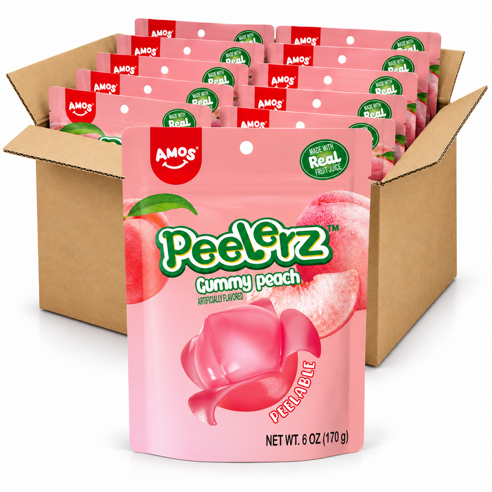 Amos Peelerz Peach 6oz gummy candy bags in an open case on a white background