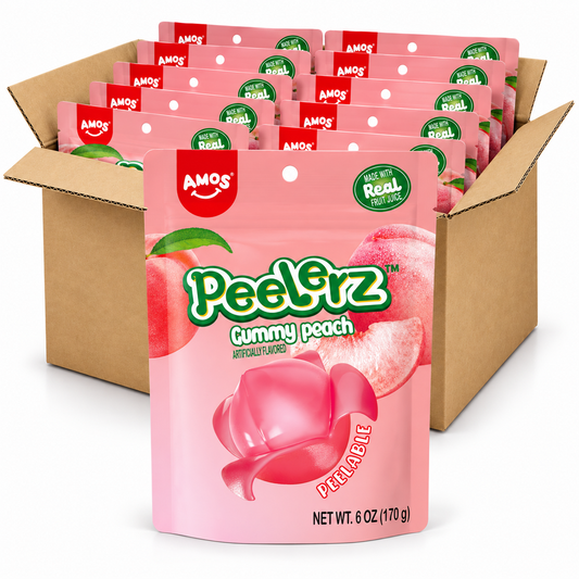 Amos Peelerz Peach 6oz gummy candy bags in an open case on a white background
