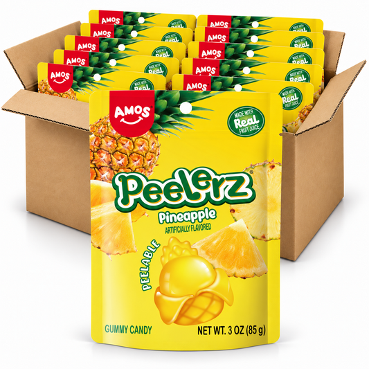 Amos Peelerz Pineapple 3oz gummy candy bags in an open case on a white background